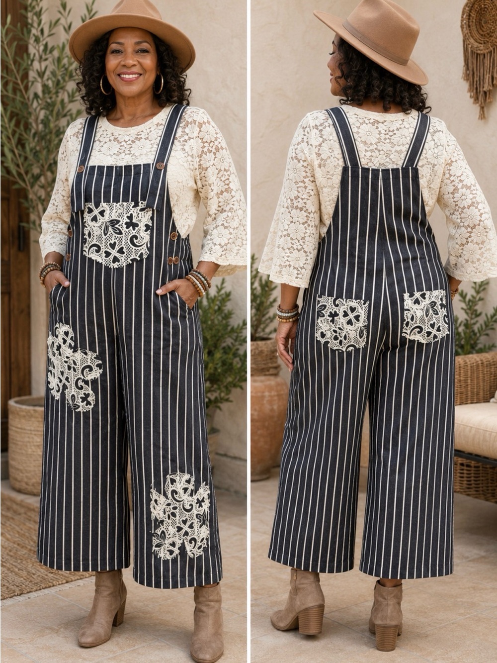DAVI & DANI Black Striped Lace-Appliqué Overalls Sz 1XL P2P 23’ -NWT